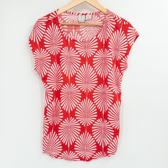 Joie Tops - Joie Linen Top Womens Large Red White Palm Leaf Print Short Sleeve Scoop Neck‎